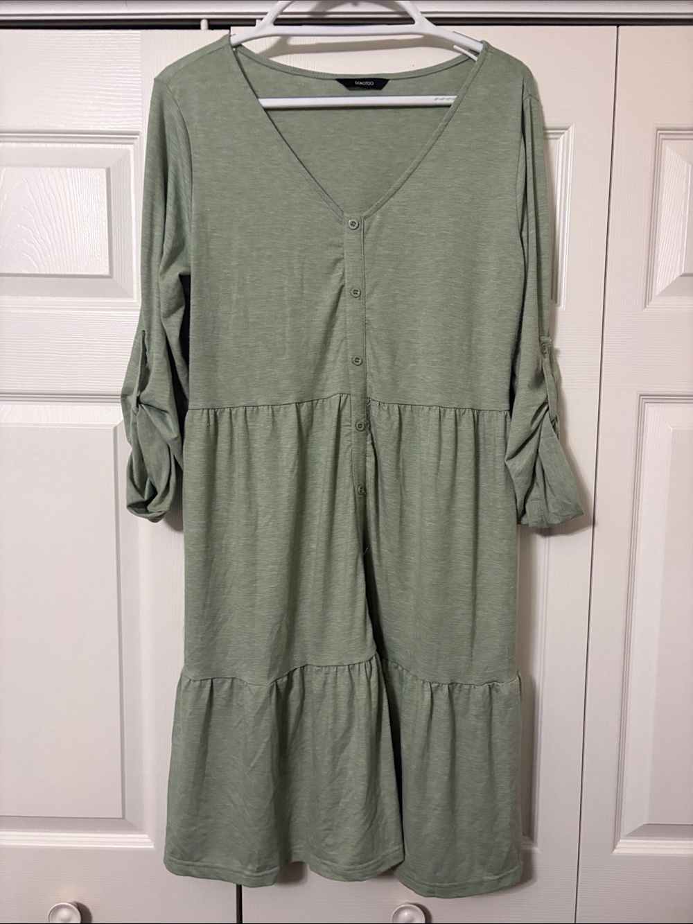 Sage Button-Front Tiered Dress - Relaxed V-Neck